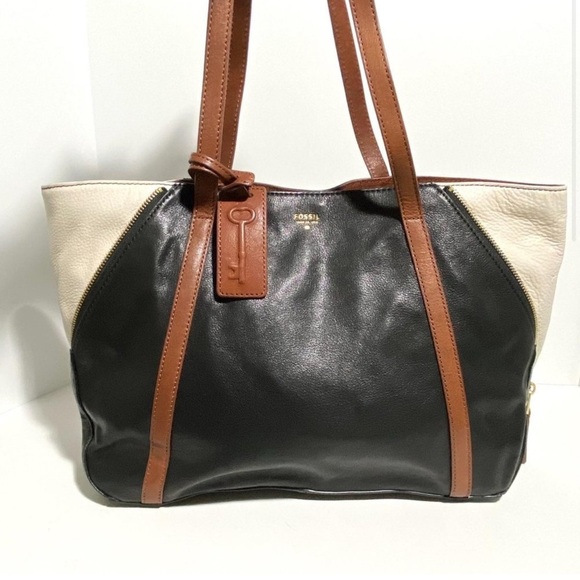 Fossil 2 in One Tote Expandable Black Brown Goat Hide Leather Side Zippers - Picture 2 of 11